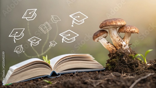 Open Book Nurturing Knowledge Amidst Soil and Mushrooms