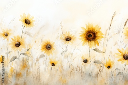 A soft watercolor painting of a xanthous sunflower field under a golden sky, with loose brushstrokes creating a dreamy effect