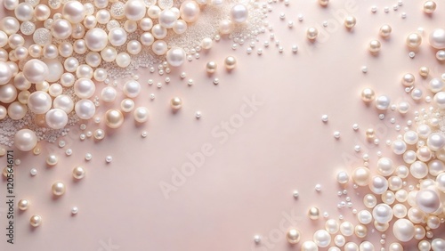 Elegant pearl arrangement on a soft pink background, showcasing various sizes and shades of lustrous pearls scattered artfully, creating a luxurious and sophisticated aesthetic.