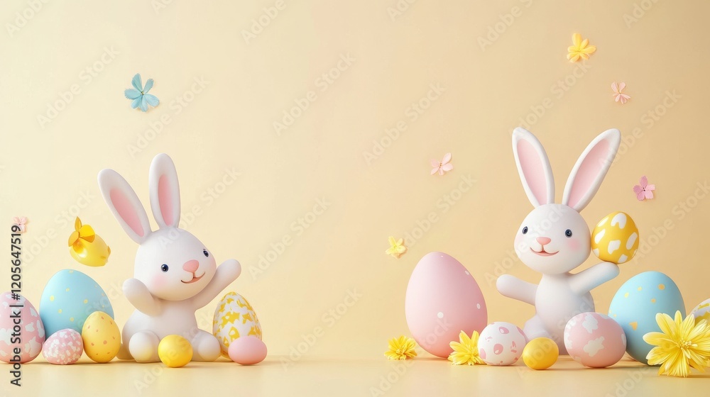 Obraz premium Charming Easter scene featuring adorable bunnies and pastel decorated eggs, flowers and a warm light yellow background