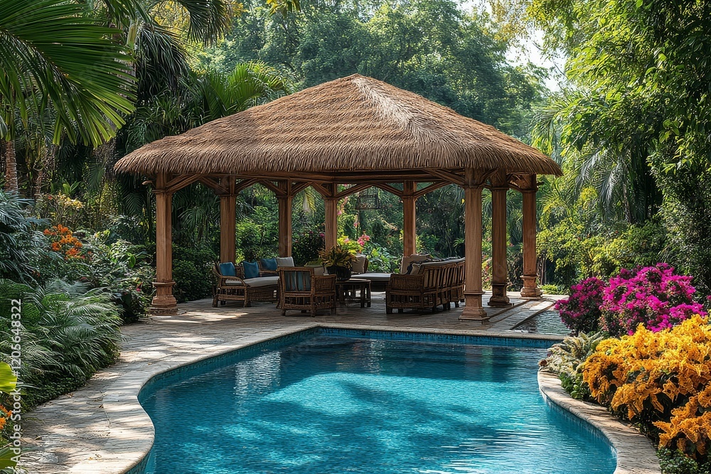 Obraz premium Thatched gazebo with wooden chairs and table beside swimming pool in outdoor resort hotel area. Relaxing vacation setting.
