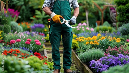 Skilled Gardener Holding Pruning Tools, Focused on Shaping Plants and Enhancing Garden Aesthetics
