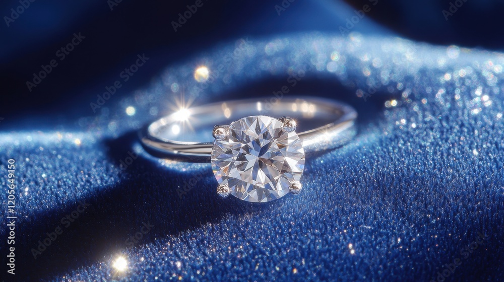 A solitaire diamond ring on a blue velvet-textured background, elegantly lit. A solitaire diamond ring on a blue velvet-textured background, elegantly lit.
