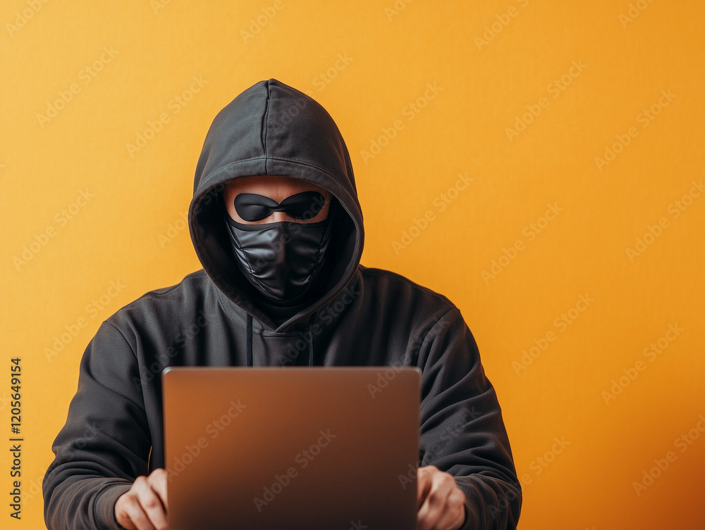 An anonymous individual wearing a hoodie, operating a laptop covertly. An anonymous individual wearing a hoodie, operating a laptop covertly.