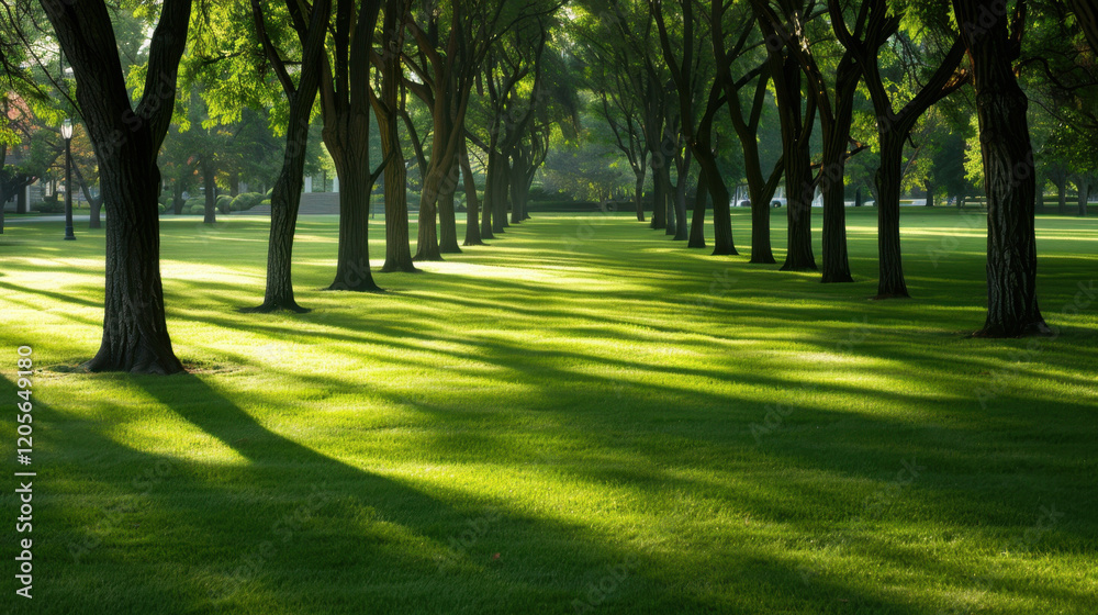 Lush green park with tall trees casting shadows on grass, creating serene atmosphere. sunlight filters through leaves, enhancing peaceful setting Lush green park with tall trees casting shadows on grass, creating serene atmosphere. sunlight filters through leaves, enhancing peaceful setting