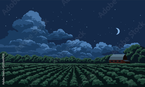 Beautiful night over agricultural field with crescent moon and stars