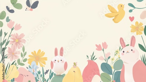 Whimsical spring illustration featuring cute bunnies birds and blossoming flowers in pastel tones creating a joyful seasonal ambiance