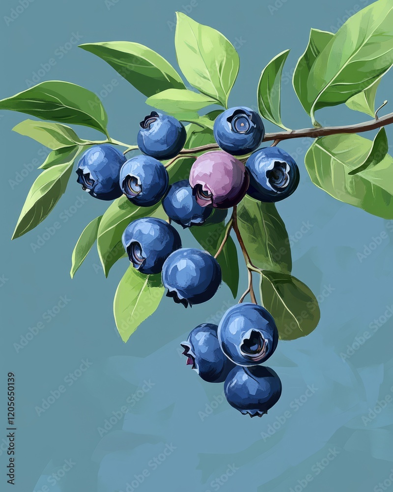 Ripe blueberries on blueberry bush branch in realistic raw style Ripe blueberries on blueberry bush branch in realistic raw style