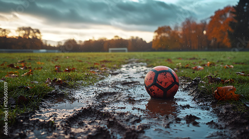 A muddy football field after a rainy match, with players’ footprints leading to a lone ball in the center, during a gloomy afternoon photo