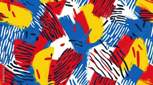 Seamless abstract pattern featuring diagonal lines and curved shapes with primary colors