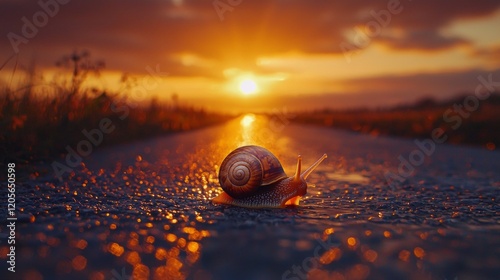 A solitary snail making its way across a rain-kissed road as the sun sets in vibrant hues of orange and purple. The tranquil moment captures nature's beauty and the snail's slow yet purposeful travel photo