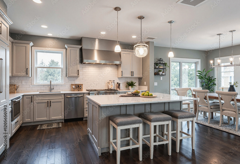 Fototapeta premium Modern kitchen interior with island and dining area