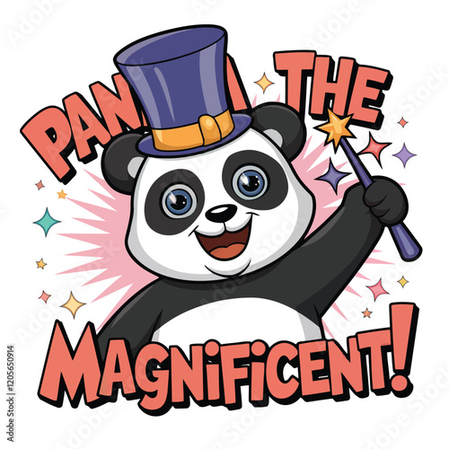 Panda Magician Performing With Wand and Top Hat in Cartoon Illustration