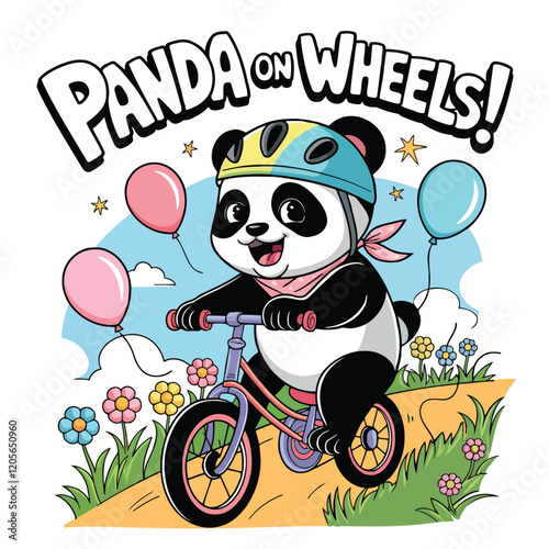 Playful Panda Riding a Bicycle with Balloons on a Sunny Day
