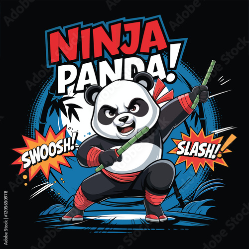 Cartoon Ninja Panda Wielding Bamboo Staff in Action Comic Style