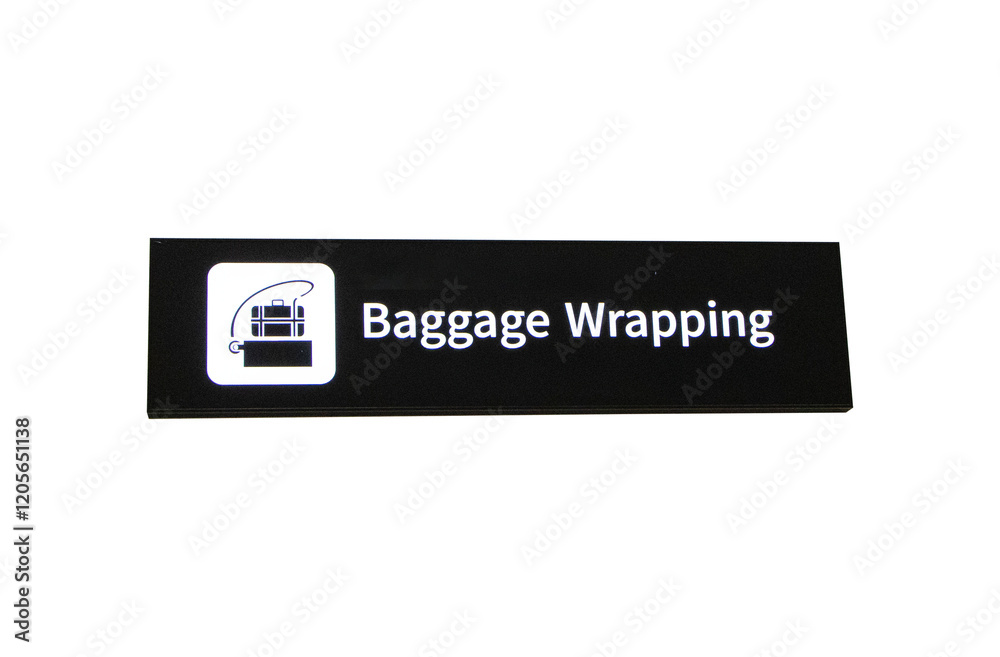 Black signs with white letters and Luggage symbol for Baggage wrapping service at International Airport. Isolated on cut out PNG or transparent background. Inform tourists about places. Black signs with white letters and Luggage symbol for Baggage wrapping service at International Airport. Isolated on cut out PNG or transparent background. Inform tourists about places.