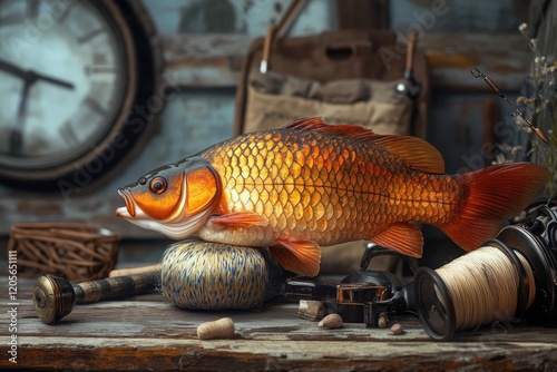 Assorted Fishing Tackle and Supplies on a Work Surface photo