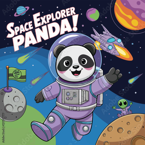 Adorable Panda Astronaut Exploring Space With Planets, Alien, and Rocket