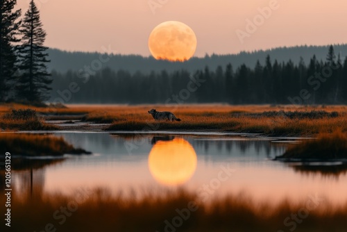 A wolf pack howling in the distance, framed by the rugged beauty of Yellowstone wilderness under a full moon photo