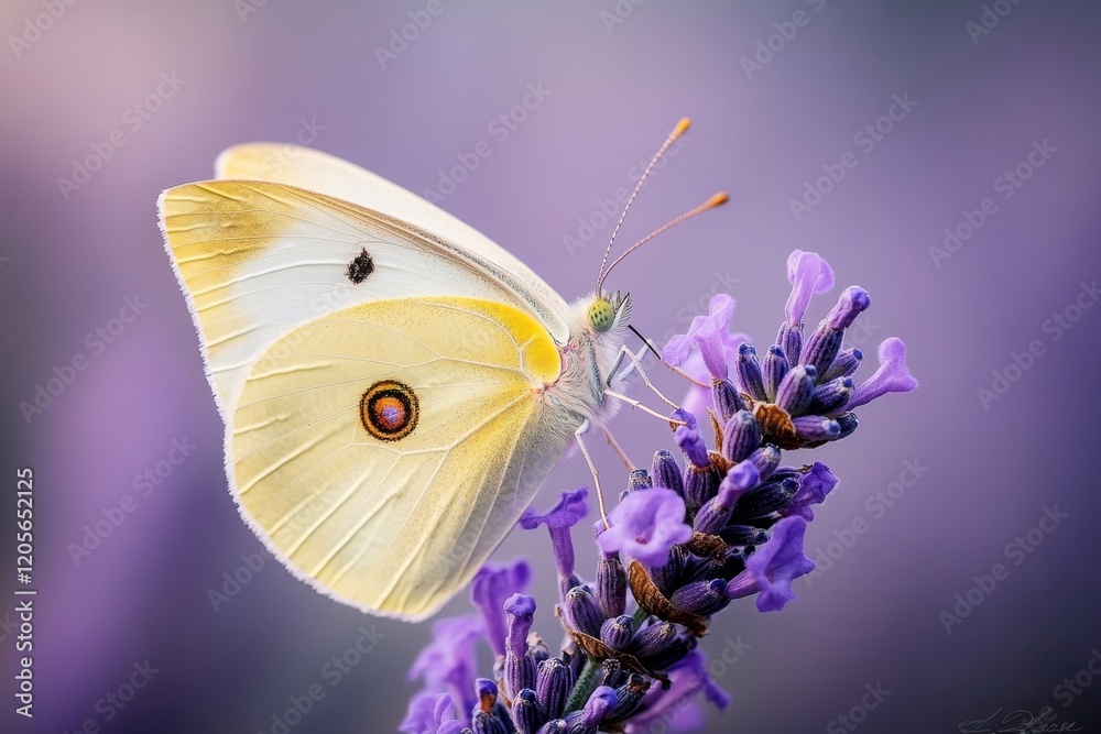 A xanthous butterfly resting on a purple lavender flower, with intricate details of its wings visible A xanthous butterfly resting on a purple lavender flower, with intricate details of its wings visible