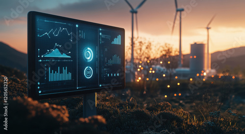 A digital display shows analytical data against a backdrop of wind turbines at sunset. Vibrant colors fill the sky, highlighting the harmony between technology and nature.