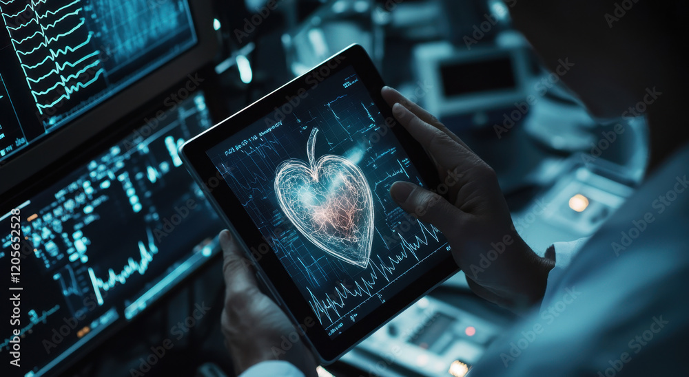 Fototapeta premium A healthcare professional examines heart data on a tablet in a modern medical facility. The advanced technology highlights vital signs through visual representations.
