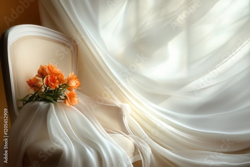 A xanthous silk fabric draped elegantly over a chair, catching soft light from a nearby window