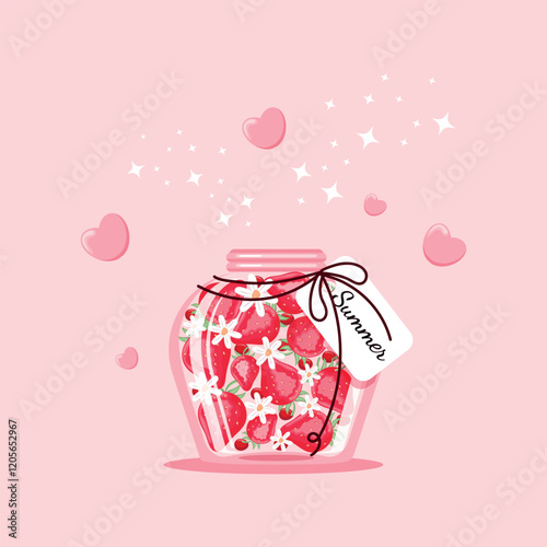 A jar of ripe, juicy strawberries. The scent of summer. Vector design