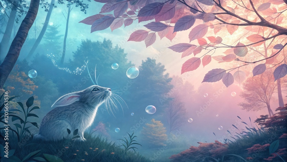 Obraz premium Rabbit Gazes at Floating Bubbles in Enchanted Forest Atmosphere