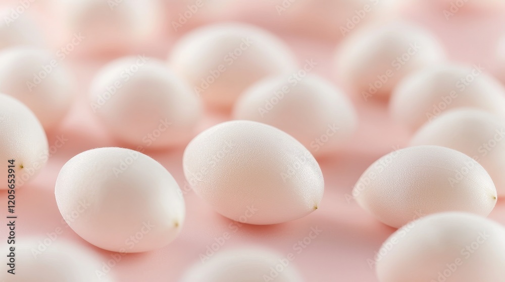 Lightly blurred silkworm cocoons arranged on a soft pink surface, offering a gentle and luxurious aesthetic for a facial beauty concept Lightly blurred silkworm cocoons arranged on a soft pink surface, offering a gentle and luxurious aesthetic for a facial beauty concept