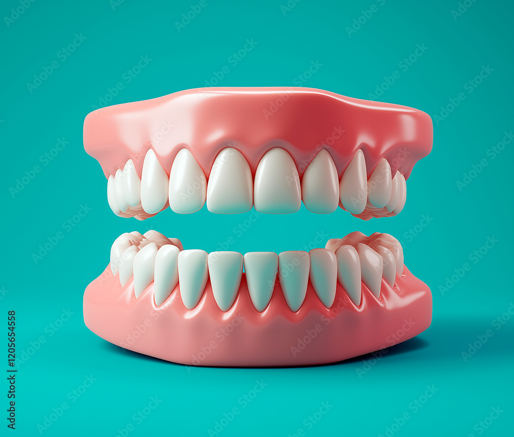 Fototapeta premium Complete Set of False Teeth (Dentures) with Pink Gums, Centered on a Teal Background