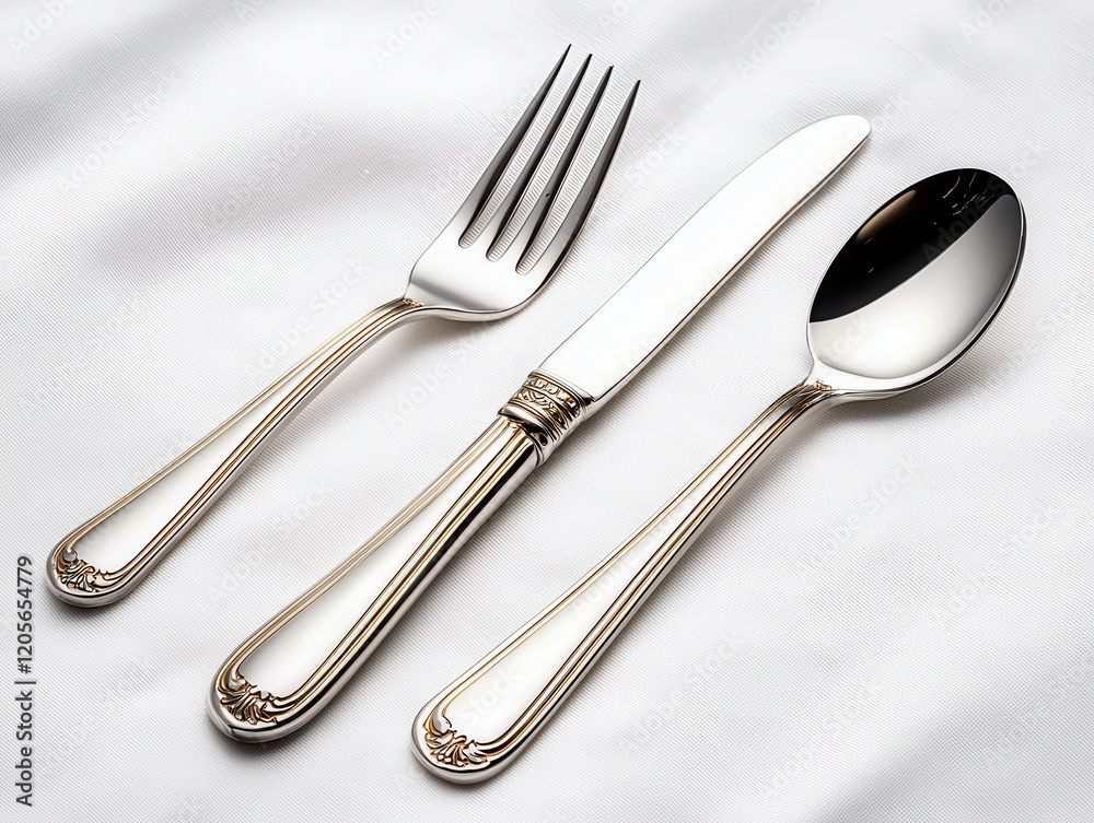 Concept of Intimate weddings shine with thoughtful decor. A polished set of cutlery including a fork, knife, and spoon, elegantly arranged on a soft white surface. Concept of Intimate weddings shine with thoughtful decor. A polished set of cutlery including a fork, knife, and spoon, elegantly arranged on a soft white surface.