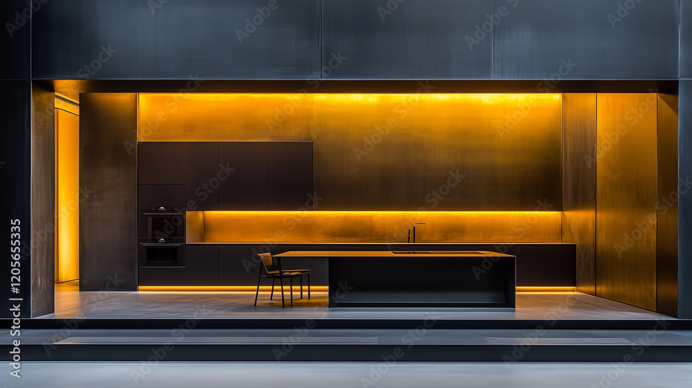 Obraz premium modern kitchen featuring sleek black cabinetry and warm yellow lighting, creating stylish and inviting atmosphere. minimalist design emphasizes functionality and elegance