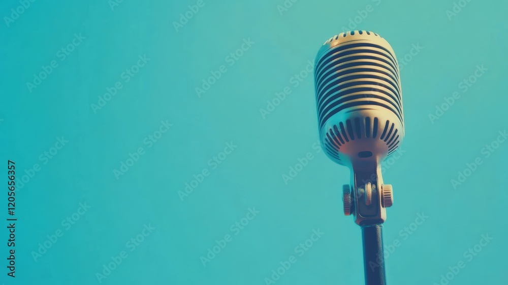 Obraz premium Retro Golden Microphone on Desk for Press Conference or Interview Against Mint Green Gradient Background. Vintage Broadcast, Journalism, and Media Presentation Theme