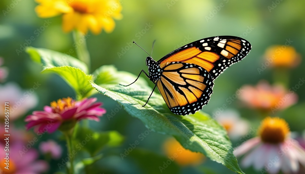 Monarch Butterfly Resting on a Leaf in a Vibrant Garden Setting Monarch Butterfly Resting on a Leaf in a Vibrant Garden Setting