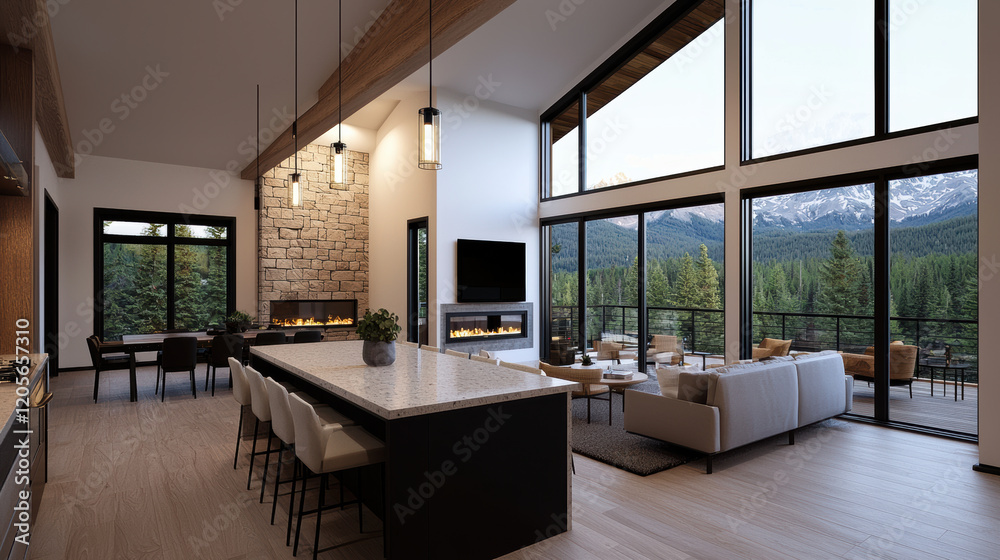 Fototapeta premium Modern house interior with large windows and mountain view