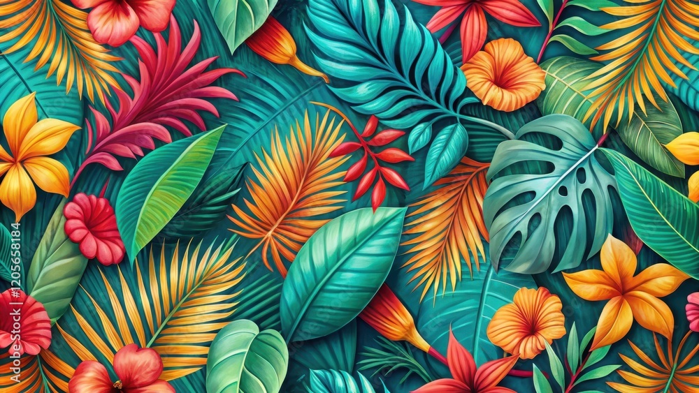Vibrant Tropical Paradise A Lush Tapestry of Exotic Flowers and Palm Fronds in Rich Jewel Tones