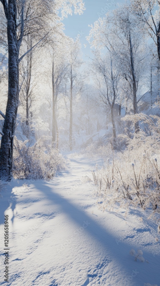 A tranquil winter pathway lined with frosty trees in a serene landscape. A tranquil winter pathway lined with frosty trees in a serene landscape.
