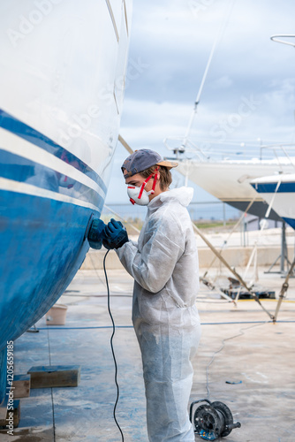 a man polishing the side of the hull of a blue ship.