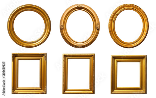  Set of golden picture frames isolated on white background