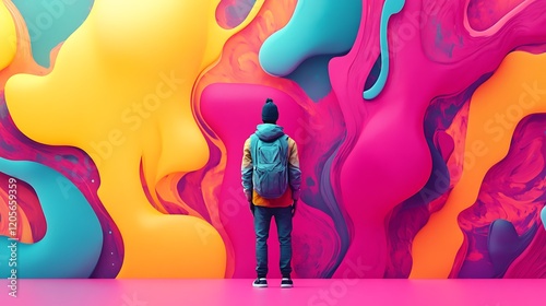 A lone figure with a backpack stands before a colorful, abstract background.