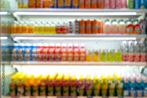 Supermarket aisle and shelves blurred background photo