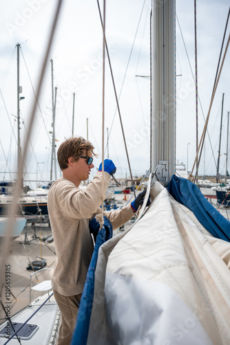 A young white man repairing the mainsail of a catamaran. Maintenance issue. photo