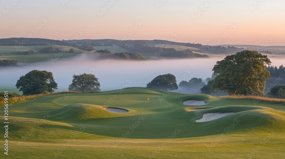 Fototapeta premium Misty hills with the first light of day glowing softly on the horizon.