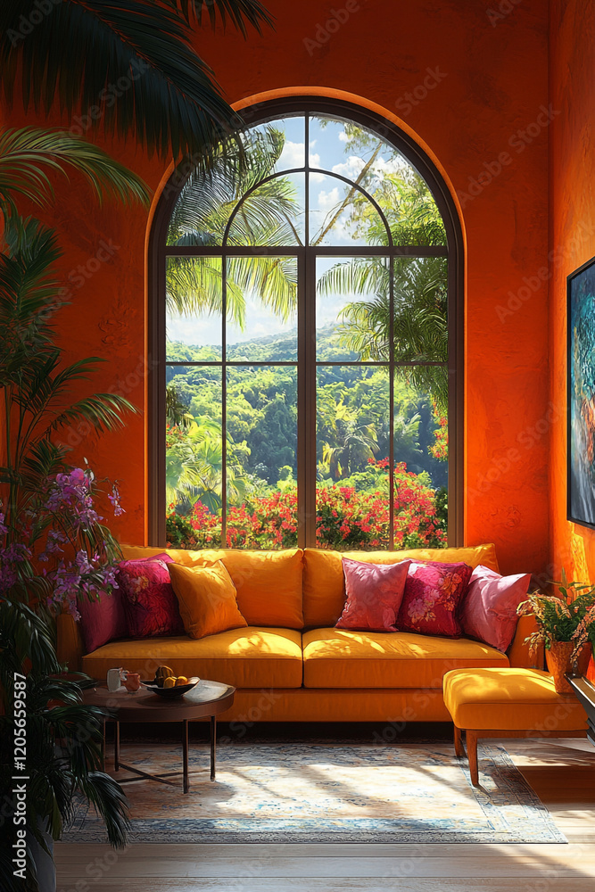 Fototapeta premium Tropical View Living Room Orange Sofa Decor