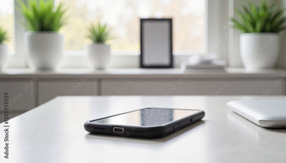 Modern smartphone mockup on minimalist desk with plants, design elegance Modern smartphone mockup on minimalist desk with plants, design elegance