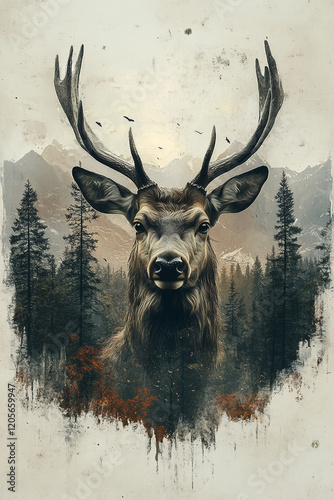 Majestic Stag Before Mountainous Winter Forest Landscape