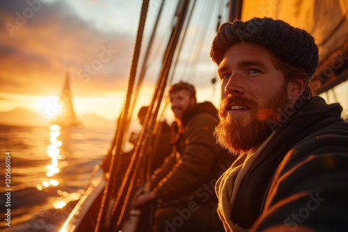 A crew preparing a yacht for departure, with ropes being untied and sails being adjusted under a bright morning sky