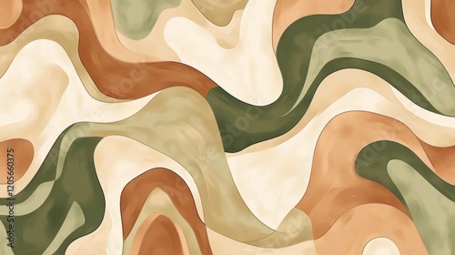 Seamless organic pattern with flowing shapes in earthy tones and soft lines, creating a fluid, abstract design