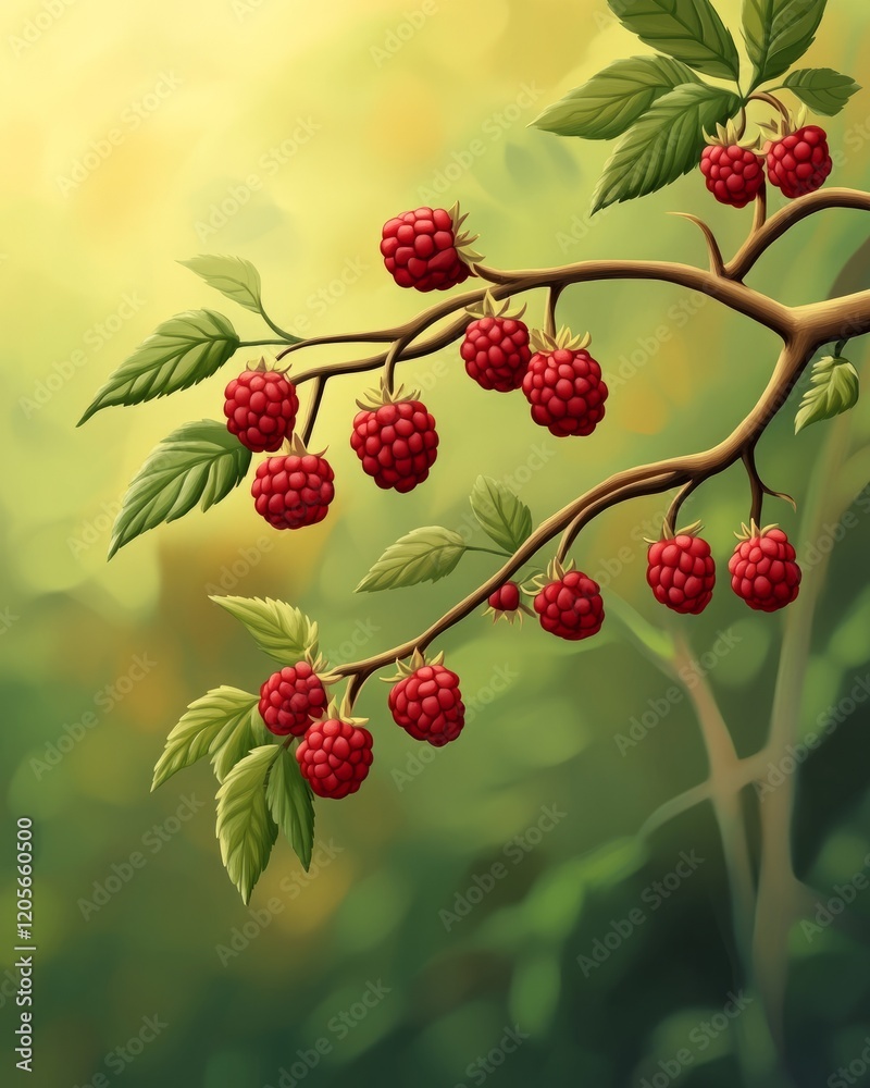 Obraz premium Raspberry branch with berries in realistic raw style illustration